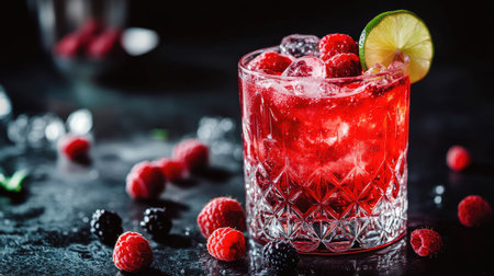 A stylish berry cocktail featuring fresh raspberries, lime, and ice in a crystal glass. Perfect for summer gatherings, this vibrant drink is visually appealing and refreshing.の素材