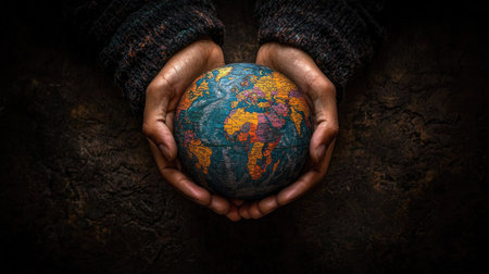 A pair of hands gently cradling a globe represents the importance of global unity and environmental stewardship. This image conveys a powerful message of care for the planet.の素材