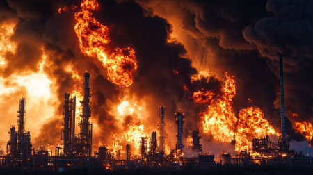 A dramatic scene of an industrial oil refinery engulfed in intense fire and smoke. Flames erupt from structures, illustrating the danger and chaos of a catastrophic blaze.の素材