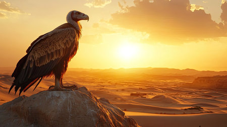 A majestic vulture stands on a rocky outcrop against a stunning sunset backdrop in the desert, showcasing the beauty of wildlife and nature at dusk.の素材