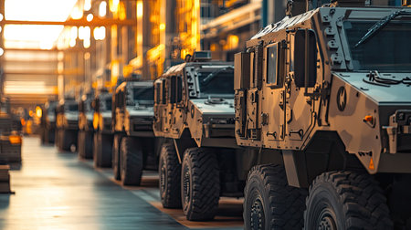 A line of military vehicles awaits deployment in a manufacturing facility, illuminated by the warm glow of the sunset. The scene captures industrial strength and precision.の素材