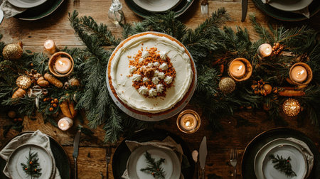 A beautifully arranged festive table featuring a delicious cake surrounded by candles, greenery, and seasonal decorations, perfect for holiday gatherings.の素材