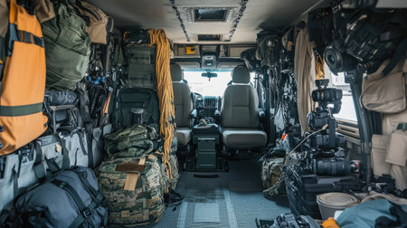 This image showcases the interior of a tactical vehicle, filled with gear and equipment for missions, highlighting organization and preparation for outdoor adventures.の素材