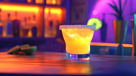 A vibrant cocktail featuring a salt rim and fresh lime slice, placed on a stylish bar table. Perfect for nightlife, summer parties, and celebrating special moments.の素材