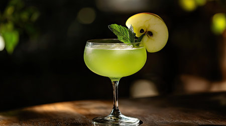 A vibrant green apple cocktail elegantly served in a glass, garnished with mint leaves and apple slices, ideal for summer gatherings and celebrations.の素材