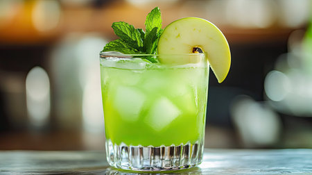 A vibrant green apple cocktail garnished with fresh mint sits atop a bar counter, capturing a refreshing summer vibe ideal for celebrations.の素材