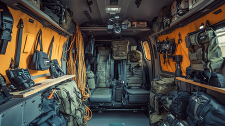The image captures the interior of a tactical vehicle, showcasing organized equipment and gear. The layout emphasizes functionality, safety, and readiness for various missions.の素材