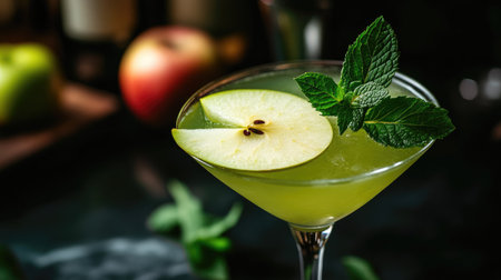 A vibrant green apple cocktail garnished with fresh mint leaves, showcasing a refreshing drink perfect for warm summer days or lively celebrations.の素材