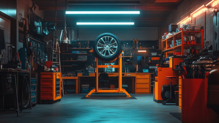 A modern automotive workshop featuring a tire on a lift surrounded by tools and equipment. The bright lighting enhances the organized and sleek workspace atmosphere.の素材