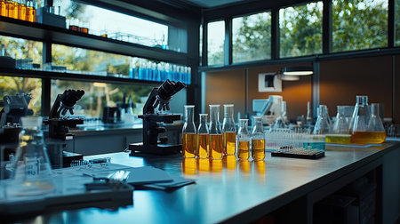 High-tech laboratory setup with various equipment, including microscopes and glassware filled with amber liquid, perfect for scientific exploration and research.の素材