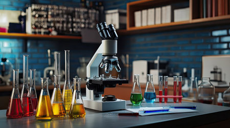 Bright laboratory scene featuring a microscope and colorful solutions in glassware. Perfect for portraying scientific research and discovery in a modern setting.の素材