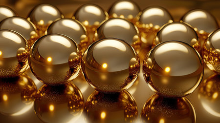 A captivating arrangement of shiny golden spheres reflecting light, creating a luxurious and elegant composition ideal for design and decoration projects.の素材