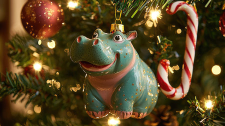 A vibrant hippo ornament cheerfully decorates a Christmas tree along with a striped candy cane, brightening the festive atmosphere with its playful charm.の素材