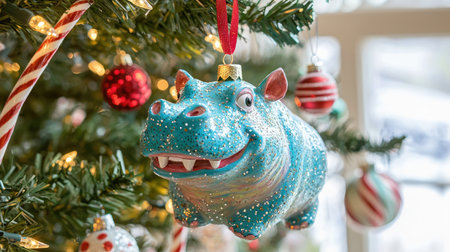 A whimsical hippo ornament sparkles with vibrant colors, adding a playful touch to a beautifully adorned Christmas tree, radiating holiday joy and cheer.の素材