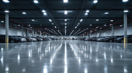 A spacious industrial car storage facility showcasing modern design elements, featuring a polished reflective floor and organized rows of vehicles under bright lighting.の素材