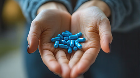A close-up view of hands holding bright blue capsules, symbolizing health and wellness. The image captures a modern approach to medication and supplements.の素材