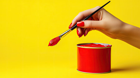 Close-up of a hand holding a paintbrush above a can of red paint on a bright yellow surface, symbolizing creativity and artistic endeavors.の素材