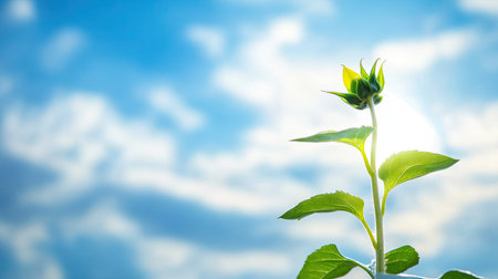 A young sunflower bud stands tall against a bright sky filled with soft clouds, symbolizing growth and vitality in a serene outdoor setting.の素材
