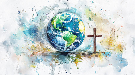 A vibrant watercolor illustration featuring a globe and a wooden cross, symbolizing the connection between faith and the environment. Perfect for religious or nature-themed projects.の素材