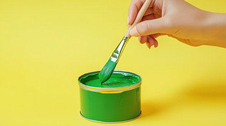 A vibrant image showcasing a hand holding a brush as it dips into a green paint can, set against a cheerful yellow background. Perfect for art and DIY themes.の素材