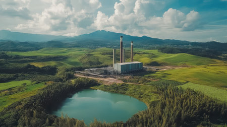 Captivating aerial view of a power plant nestled within a lush green landscape. Surrounded by mountains and a serene lake, this image showcases the blend of industry and nature.の素材
