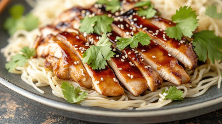 Indulge in this mouthwatering plate of juicy grilled chicken topped with fresh cilantro and sesame seeds served over tender noodles. Perfect for any occasion!の素材