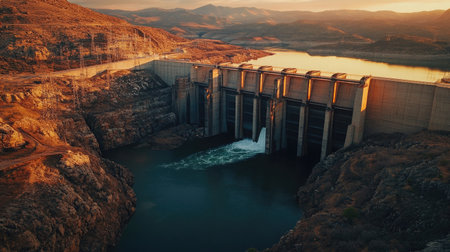 A breathtaking aerial view of a modern hydro dam at sunrise, surrounded by tranquil waters and rugged terrain. The scene captures the beauty of engineering and nature.の素材