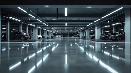 A modern underground parking garage showcasing sleek vehicles and bright lights. The polished floor reflects the structural design and illumination, creating a spacious atmosphere.の素材