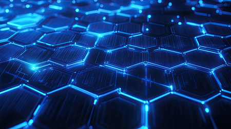 A stunning visual of a futuristic blue hexagonal grid with glowing elements, representing modern technology and digital innovation in a captivating abstract design.の素材