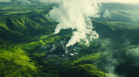 Aerial view of an industrial facility emitting smoke amidst a lush green landscape. The setting showcases the contrast between industry and nature, highlighting environmental challenges.の素材