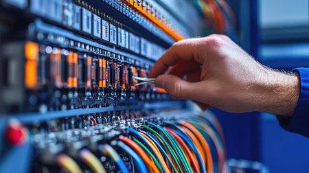 A technician's hand meticulously adjusts electrical controls on an industrial machine panel, highlighting intricate wiring and orange components in a blue environment.の素材