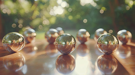 A serene collection of metallic spheres resting on a wooden surface under natural light, showcasing reflections and a tranquil outdoor setting with bokeh effects.の素材
