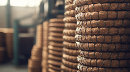 A close-up view of coiled wires stacked in an industrial warehouse, showcasing metallic textures and organized storage. Ideal for manufacturing themes.の素材