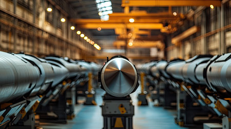 Inside a missile manufacturing facility, rows of precision-engineered missiles stand ready for assembly, showcasing advanced technology and industrial strength.の素材