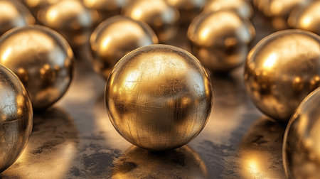 A captivating arrangement of shiny gold spheres on a reflective surface, showcasing intricate textures and luxurious appeal. Ideal for design projects.の素材