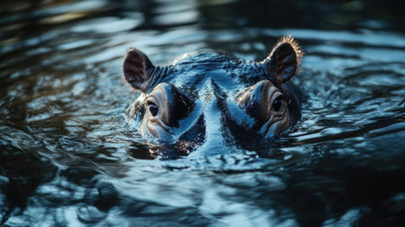 A stunning close-up of a hippopotamus partially submerged in dark water, showcasing its expressive features and serene presence in a natural habitat environment.の素材