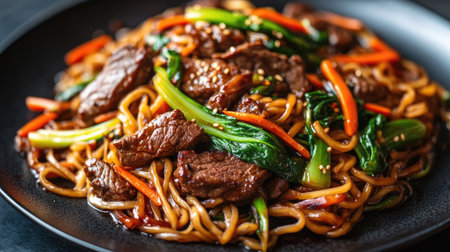 Experience a delightful beef stir fry featuring tender meat, colorful vegetables, and savory noodles, perfect for a delicious meal full of flavor and freshness.の素材