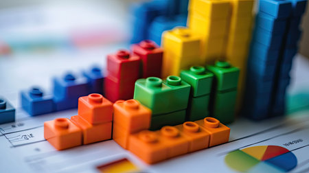 Vibrant building blocks arranged in a strategic layout symbolize growth and development metrics. Ideal for educational and business-related themes.の素材