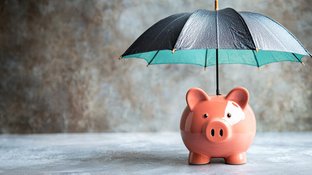 A vibrant piggy bank sheltered under an umbrella, representing the importance of protecting savings and financial planning. Ideal for finance-related themes.の素材