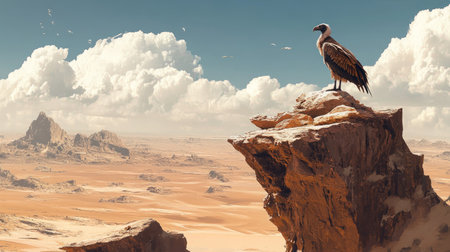 A striking vulture stands on a tall rocky cliff overlooking a vast desert landscape. The scene captures the essence of wildlife and nature in a serene environment.の素材