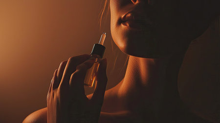 A graceful woman holds a dropper bottle, elegantly poised in soft lighting. This close-up captures a serene moment, symbolizing beauty and self-care.の素材