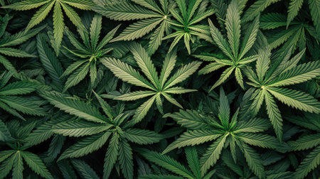 A detailed close-up of vibrant green cannabis leaves displays rich textures and natural beauty, perfect for backgrounds or wellness themes in photography.の素材