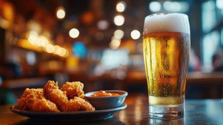 Enjoy a delightful pairing of crispy fried chicken and a refreshing cold beer on a wooden table, set in a cozy bar atmosphere perfect for social gatherings.の素材
