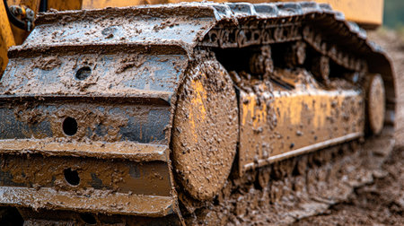 This close-up image showcases a muddy excavator track, highlighting the rugged texture of soil and gravel on a construction site. Ideal for various industry uses.の素材