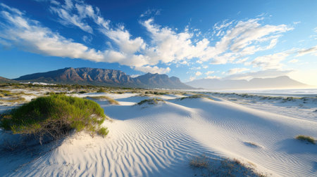 A stunning coastal landscape featuring soft sandy dunes, majestic mountains, and a clear blue sky, ideal for relaxation, adventure, and nature enthusiasts.の素材