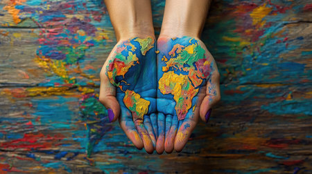 Hands display a vibrant world map with artistic colors against a textured background. This image symbolizes unity, diversity, and connection globally.の素材