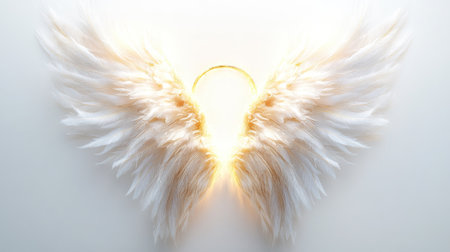Stunning ethereal angel wings with a glowing halo create a heavenly visual. Perfect for themes of spirituality, beauty, and inspiration in art and design.の素材