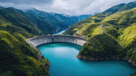 Breathtaking aerial view of a dam nestled in green mountains reflects serenity. The stunning landscape showcases nature's beauty alongside human ingenuity.の素材