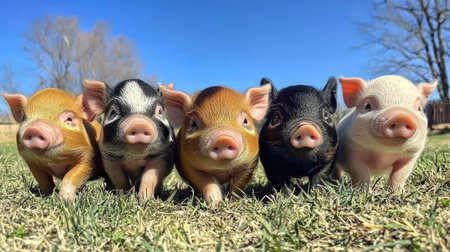 A heartwarming scene featuring five colorful piglets standing in a row on green grass under a bright blue sky, showcasing their playful and adorable personalities.の素材