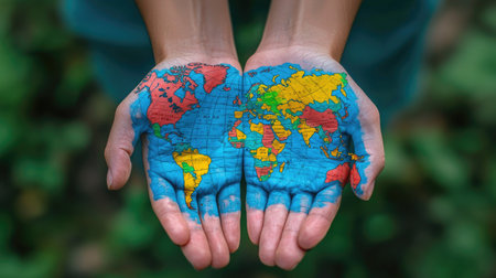A creative depiction of painted world maps on open palms, symbolizing connection to the earth. This artistic illustration showcases vibrant colors in nature.の素材